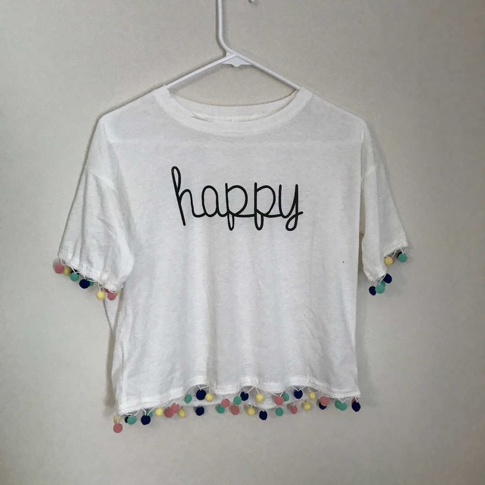 White crop top with pom-pom fringe